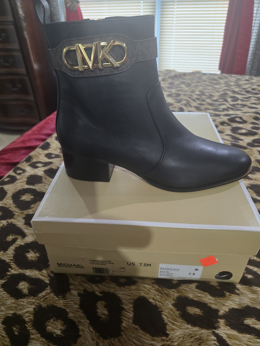 Michael Kors Black Leather Ankle Boots with Gold MK Emblem